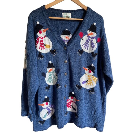 The Quacker Factory Snowman Jingle Bell Cardigan Sweater Blue Size 1X Ramie Cott - Picture 1 of 12